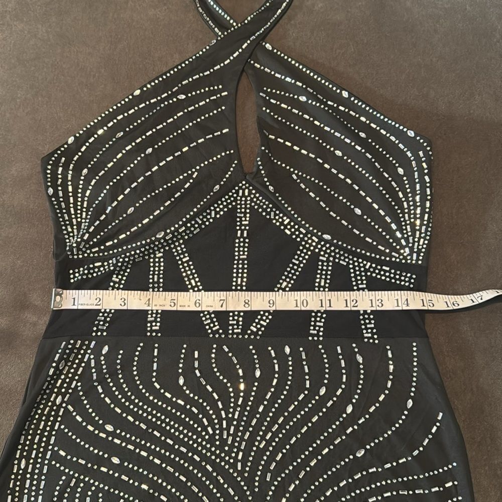 Black BodyCon Halter Neck Mini Party Dress Feather Hem Rhinestones Size M NEW - Picture 8 of 15